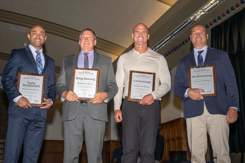 (Left to right) Taylor Stubblefield, Doug Downing, Clayton Richard and Dan Brandenburg are inducted into the Indiana Football Hall of Fame at the National Football Foundation’s Joe Tiller Chapter Honors Brunch, Sunday, Jun. 9, 2024 in West Lafayette, Ind.