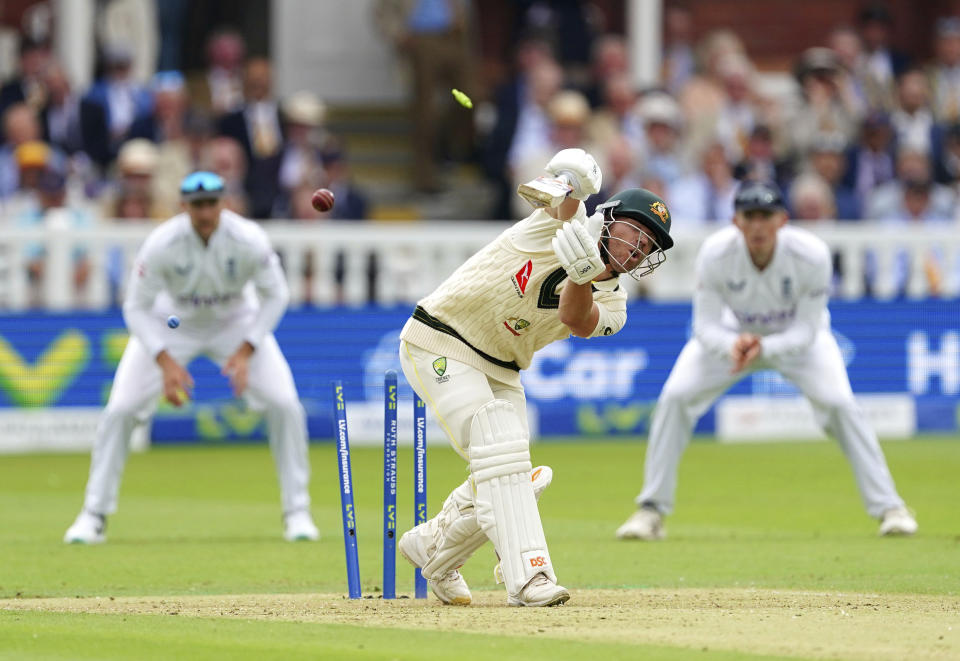 Australia's David Warner is bowled by England's Josh Tongue during day one of the second Ashes Test cricket match at Lord's Cricket Ground, London, England, Wednesday, June 28, 2023.(Mike Egerton/PA via AP)