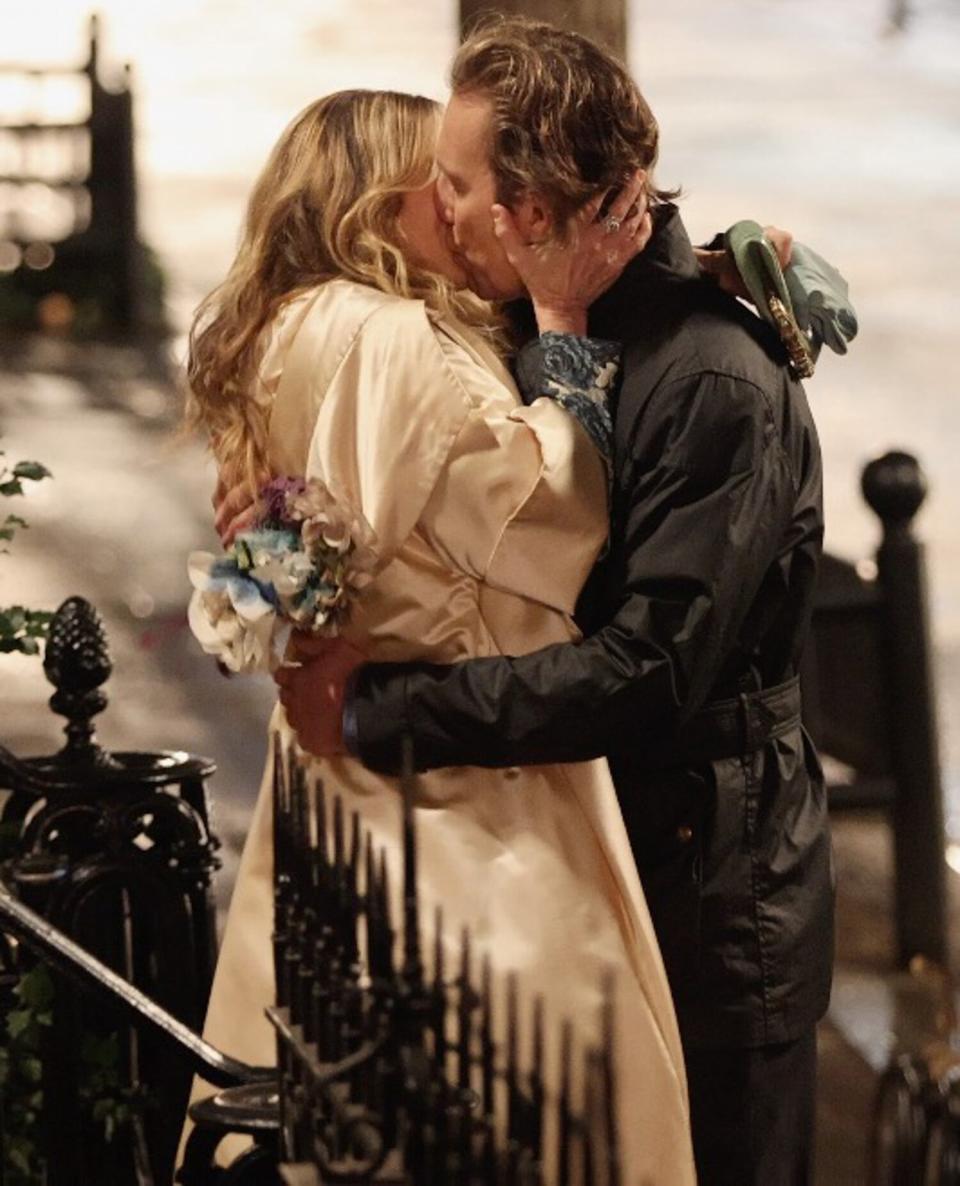 Sarah Jessica Parker and John Corbett on the set of "And Just Like That" on February 09, 2023 in New York City.