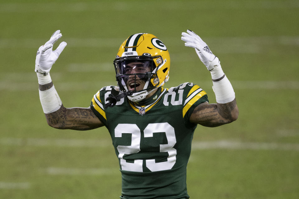 Green Bay Packers cornerback Jaire Alexander (23) reacts during an NFL divisional playoff football game between the Los Angeles Rams and Green Bay Packers, Saturday, Jan. 16, 2021, in Green Bay, Wis. (AP Photo/Jeffrey Phelps)