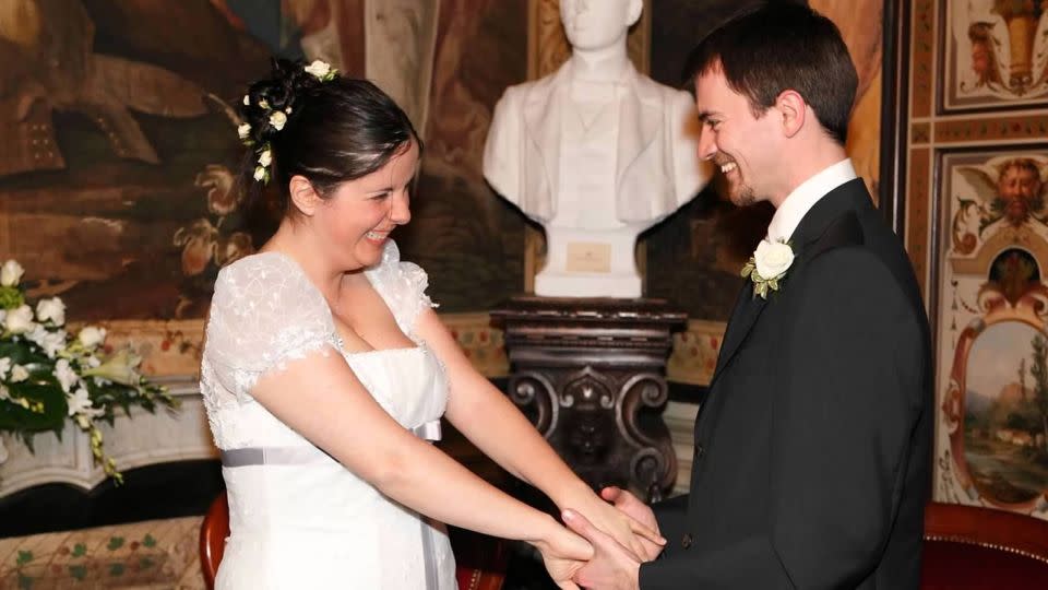 Here's Gabriella and Dan celebrating their wedding in Italy in 2009. Gabriella says this is the moment Dan recited his vows to her in Italian. - Walter Moretti
