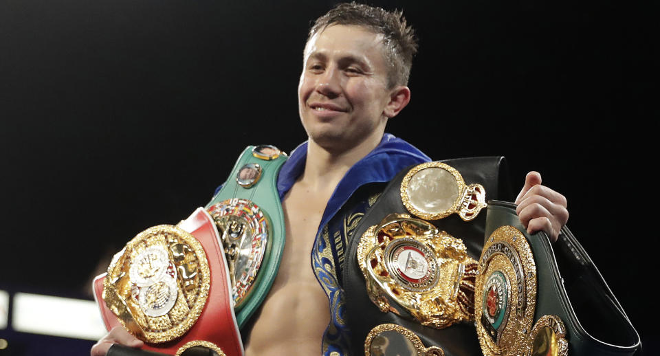 Gennady Golovkin, shown here with his belts after knocking out Vanes Martirosyan in May, has a lot on the line in his rematch vs. Canelo Alvarez on Saturday in Las Vegas. (AP Photo)