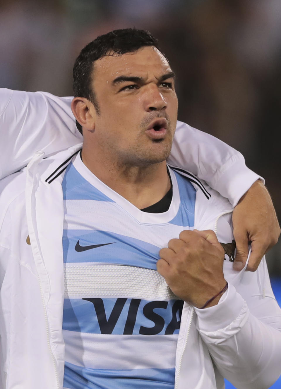 Argentina's captain Agustín Creevy sings his national anthem prior to a Rugby Championship match against Australia in Salta, Argentina, Saturday, Oct. 6, 2018. (AP Photo/Gonzalo Prados)