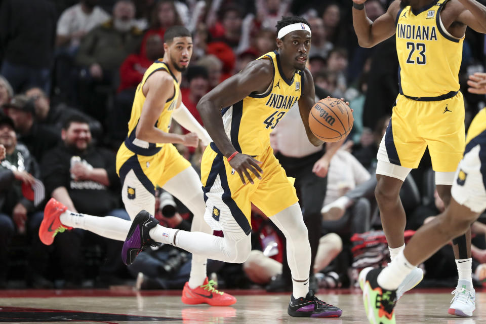 Indiana Pacers forward Pascal Siakam (43) brings the ball up against the Portland Trail Blazers during the second half of an NBA basketball game Friday, Jan. 19, 2024, in Portland, Ore. (AP Photo/Amanda Loman)