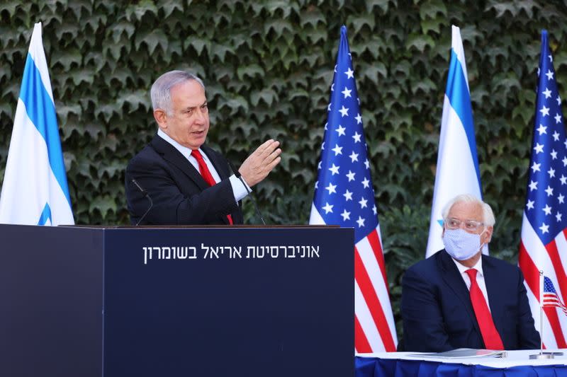 Israeli Prime Minister Netanyahu and U.S. Ambassador to Israel Friedman attend a special ceremony to extend Israel-U.S. scientific cooperation agreement in West Bank and Golan Heights, in Ariel in the Israeli-occupied West Bank
