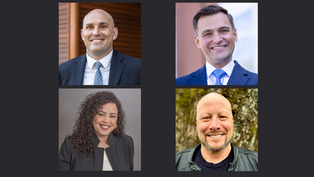 Left to right top: Republican Will Lathrop and Democrat Dan Rayfield, and left to right bottom: Democrat Shaina Maxey Pomerantz and Republican Michael Cross are running for Oregon attorney general in the primary election May 24, 2024. (Candidate photos)