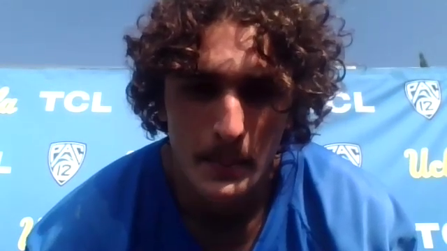 UCLA tight end Greg Dulcich shows off his shaggy look during a Zoom conference call.