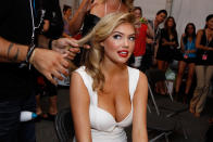 MIAMI BEACH, FL - JULY 15: Kate Upton prepares backstage at the Beach Bunny Swimwear show during Mercedes-Benz Fashion Week Swim 2012 at The Raleigh on July 15, 2011 in Miami Beach, Florida. (Photo by Donald Bowers/Getty Images for Make Up For Ever)