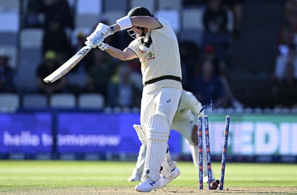 Australia's Steve Smith is bowled by New Zealand's Tim Southee on the second day of their cricket test match in Wellington, New Zealand, Friday March 1, 2024. (Andrew Cornaga/Photosport via AP)