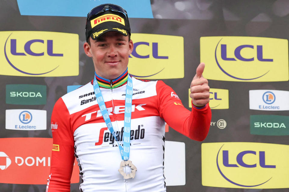 Stage winner TrekSegafredos Danish rider Mads Pedersen gestures as he celebrates on the podium after winning the 2nd stage of the 81st Paris  Nice cycling race 164 km between Bazainville and Fontainebleau on March 6 2023 Photo by ANNECHRISTINE POUJOULAT  AFP Photo by ANNECHRISTINE POUJOULATAFP via Getty Images