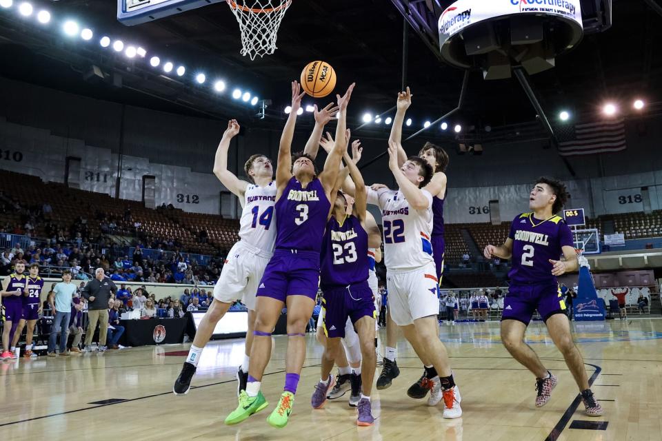 Goodwell’s Victor Ramirez (3) goes up to shoot during the Class B boys quarterfinal game between Fort Cobb-Broxton Mustangs and Goodwell Eagles at State Fair Arean in Oklahoma City on Thursday, March 2, 2023.