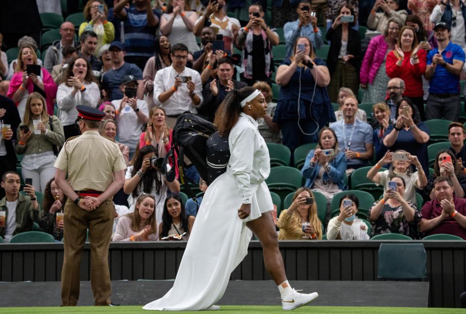 LONDON, ENGLAND - JUNE 29: Serena Williams of The United States walks onto centre court ahead of her Ladies' Singles First Round match against Aliaksandra Sasnovich of Belarus during Day Two of The Championships - Wimbledon 2021 at All England Lawn Tennis and Croquet Club on June 29, 2021 in London, England. (Photo by AELTC/Jed Leicester - Pool/Getty Images)