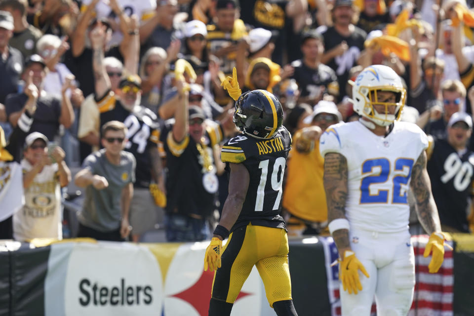 Pittsburgh Steelers wide receiver Calvin Austin III (19) celebrates after scoring a touchdown during the second half of an NFL football game against the Los Angeles Chargers, Sunday, Sept. 22, 2024, in Pittsburgh. (AP Photo/Matt Freed)