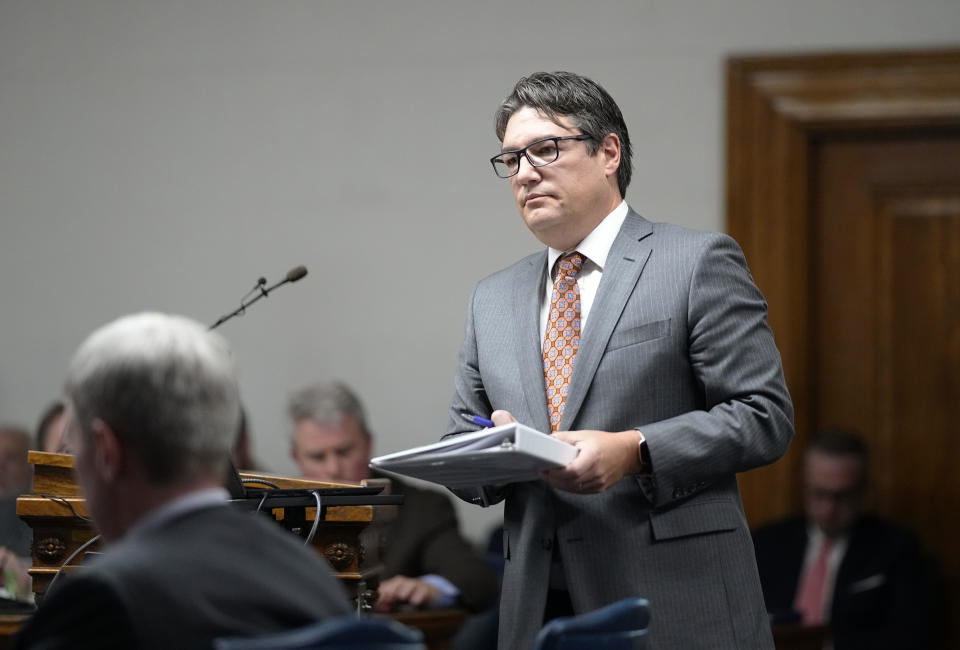 FILE - Sean Grimsley, attorney for the petitioners, delivers closing arguments during a hearing for a lawsuit to keep former President Donald Trump off the Colorado ballot in district court, Nov. 15, 2023, in Denver. On Thursday, Feb. 8, 2024, the nation's highest court is scheduled to hear arguments in a case that arises from the state Supreme Court's decision that Trump violated Section 3 of the 14th Amendment and should be banned from ballot. (AP Photo/Jack Dempsey, Pool, File)