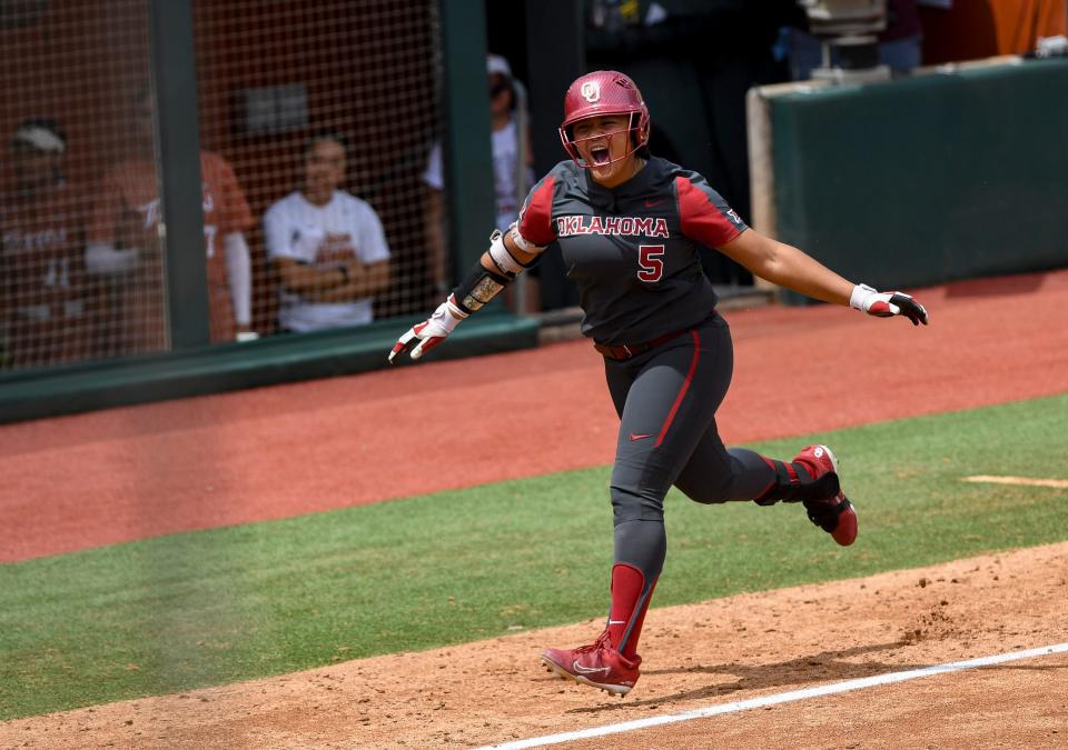 Oklahoma’s Ella Parker (5) runs to home base after hitting a home run against Texas, Sunday, April 7, 2024, at McCombs Field in Austin.