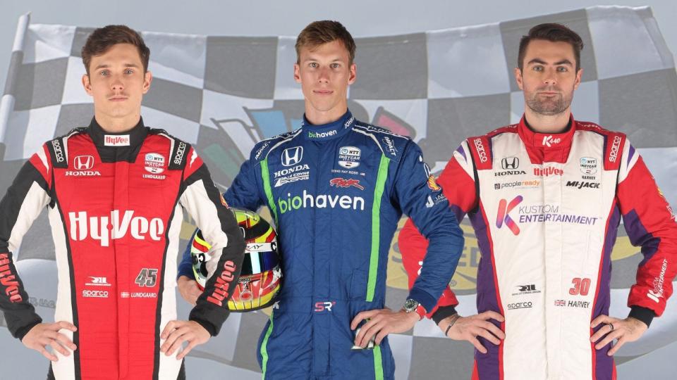 Row 11 for the 2023 Indianapolis 500 (from left): Christian Lundgaard, Sting Ray Robb, Jack Harvey