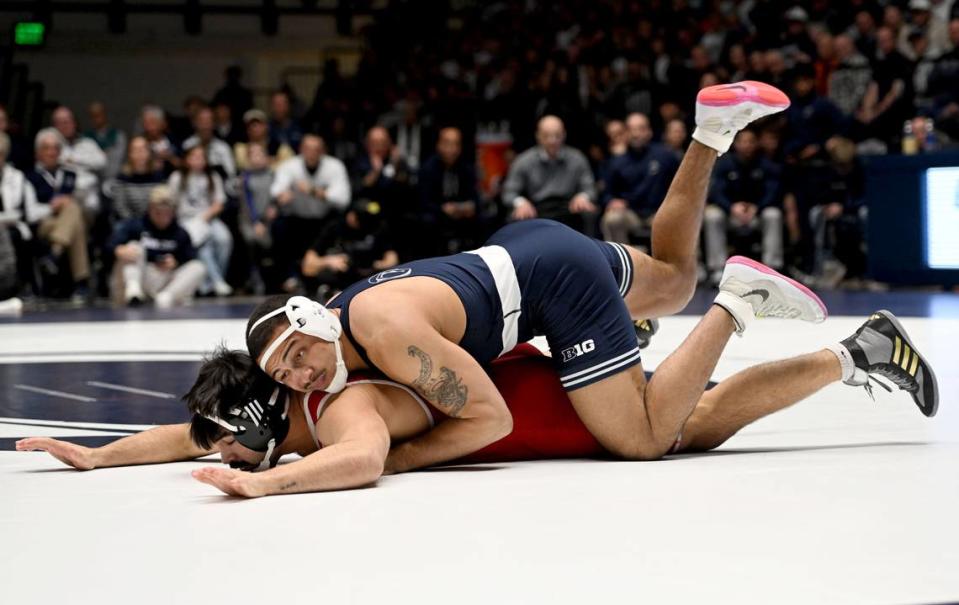 Penn State’s Aaron Brooks controls Nebraska’s Siloy Allred in the 197 lb bout of the match on Sunday, Feb. 18, 2024 in Rec Hall. Abby Drey/adrey@centredaily.com