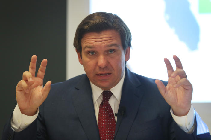 Florida Governor Ron DeSantis speaks during a press conference about the coronavirus held at the Pan American Hospital on July 07, 2020 in Miami, Florida.  (Joe Raedle/Getty Images)