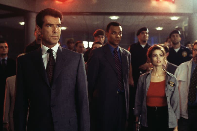 Pierce Brosnan as 007,  Colin Salmon as Charles Robinson and American actress Denise Richards as Dr Christmas Jones in a scene from the James Bond film 'The World Is Not Enough', 1999.