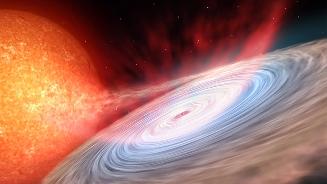  An artist's impression of a neutron star surrounded by a disk of material that it is stealing from a regular companion star. 