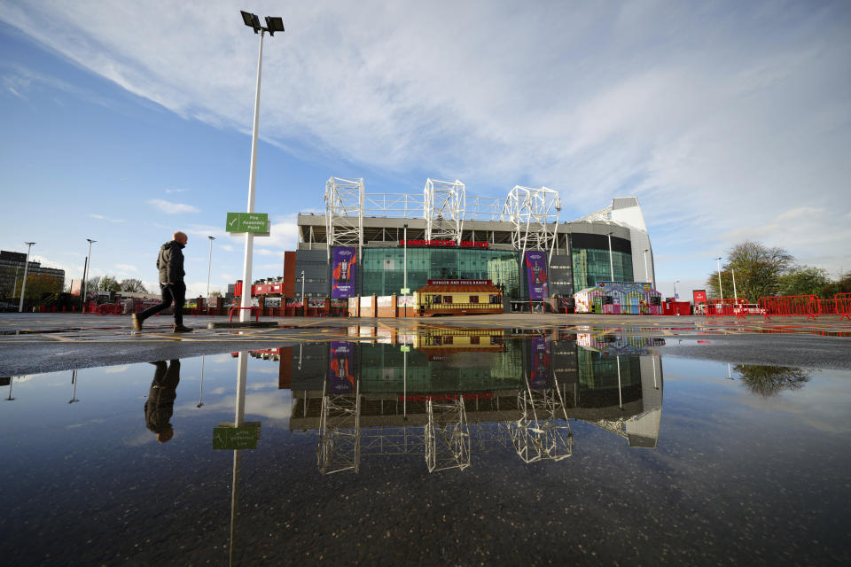 Manchester United's Old Trafford stadium is seen after owners the Glazer family announced they are considering selling the club as they "explore strategic alternatives", Manchester, England, Wednesday, Nov. 23, 2022. On Tuesday, the same day the potential sale was annnounced it was also it was also confirmed that Cristiano Ronaldo had left Manchester United by mutual consent. (AP Photo/Jon Super)