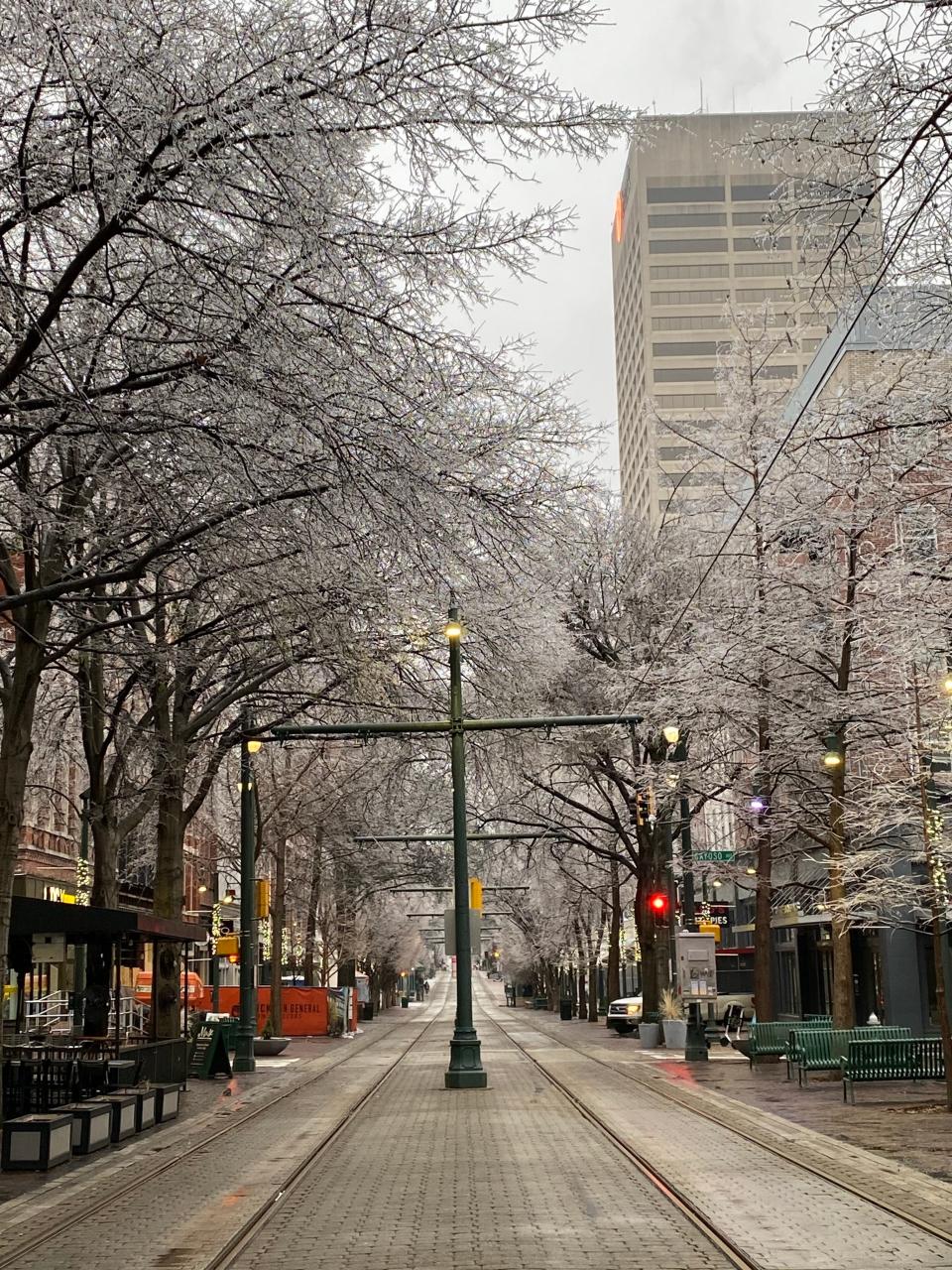 Ice blankets over Memphis and the Mid-South on Tuesday, Jan. 31, 2023. Trees along S. Main Street were covered in ice early Tuesday morning.