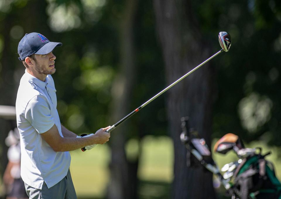 Kyle Ryhmer, who tied for fourth, tees off during the 2022 Winnebago County Amateur on Saturday at Macktown.