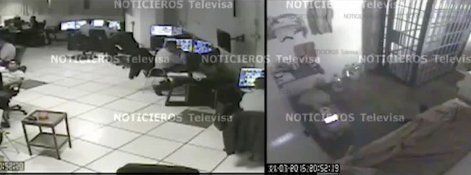 Prison officials can be seen 'ignoring' the hammering sounds of El Chapo's escape. Photo: Supplied