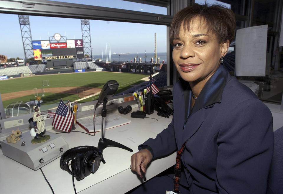 FILE - Renel Brooks-Moon poses in the announcers booth before batting practice at Pacific Bell Park in San Francisco, Oct. 21, 2002. The San Francisco Giants and longtime public-address announcer Renel Brooks-Moon are parting ways after the sides failed to reach agreement on a contract extension. The Giants said Monday, March 18, 2024, there were “extensive discussions” about a new deal after Brooks-Moon’s contract ended in December, but instead “they mutually and amicably agreed to part ways.” (AP Photo/Kevork Djansezian)