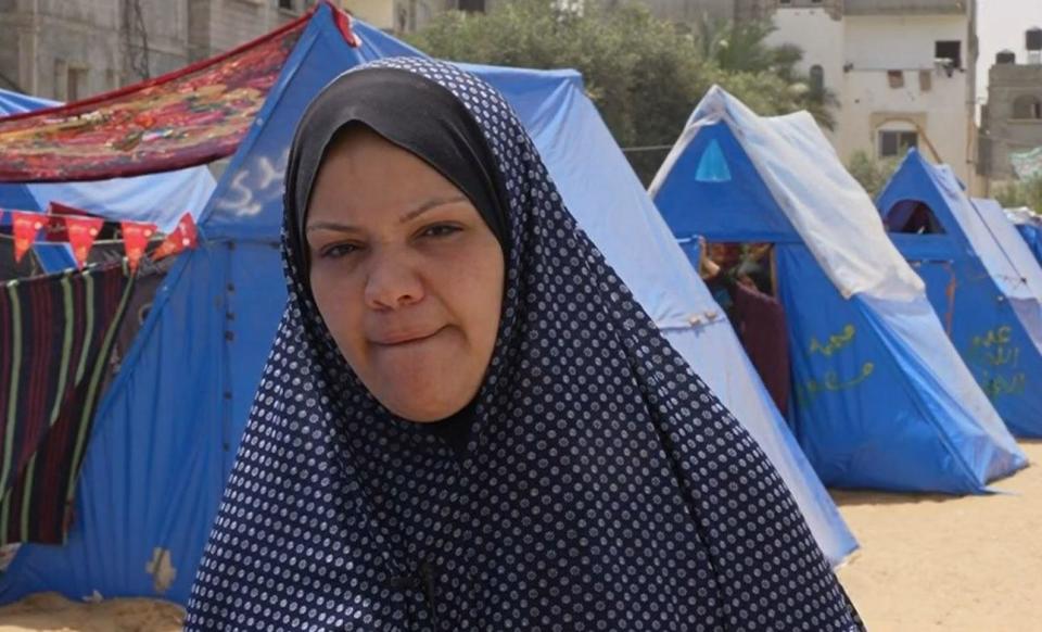 Fida Afifi, who was a student at Al Aqsa University in Gaza City before the war between Israel and Hamas forced her to flee, speaks with CBS News at a camp for displaced people in Rafah, in the far south of the Palestinian territory, April 24, 2024. / Credit: CBS News