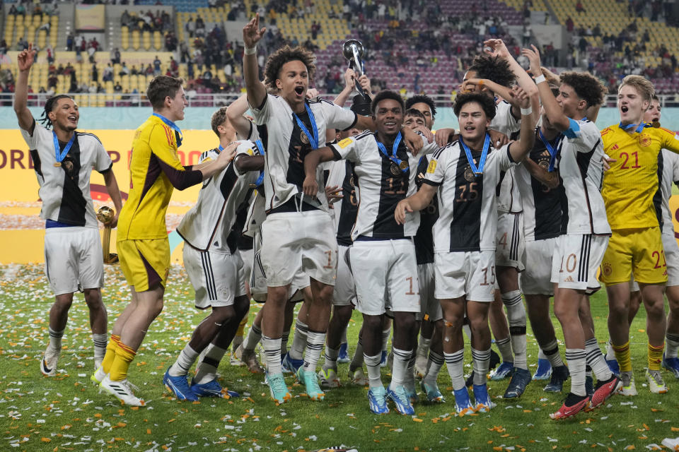 Team Germany celebrates after winning the U-17 World Cup final soccer match against France at Manahan Stadium in Surakarta, Indonesia, Saturday, Dec. 2, 2023. (AP Photo/Achmad Ibrahim)