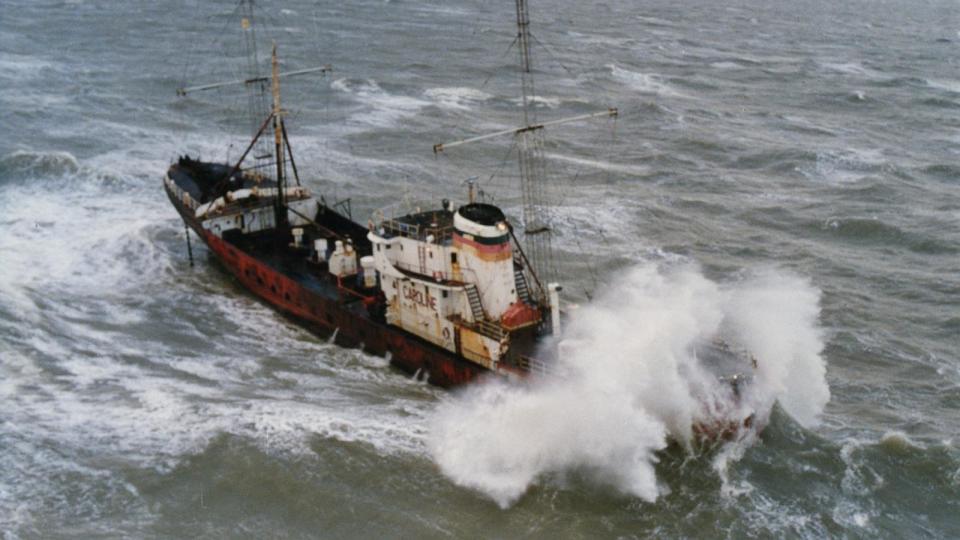 PHOTO: Caroline Stuck on the Goodwin Sands. Caroline runs aground and being battered in the North Sea in 1991. (Offshore Echos Magazine)