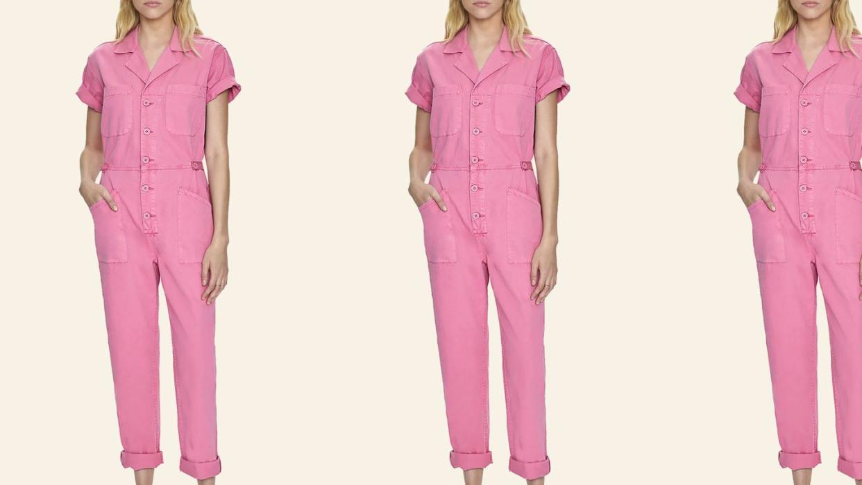 a collage of women wearing a pink short sleeve jumpsuit from pistola denim