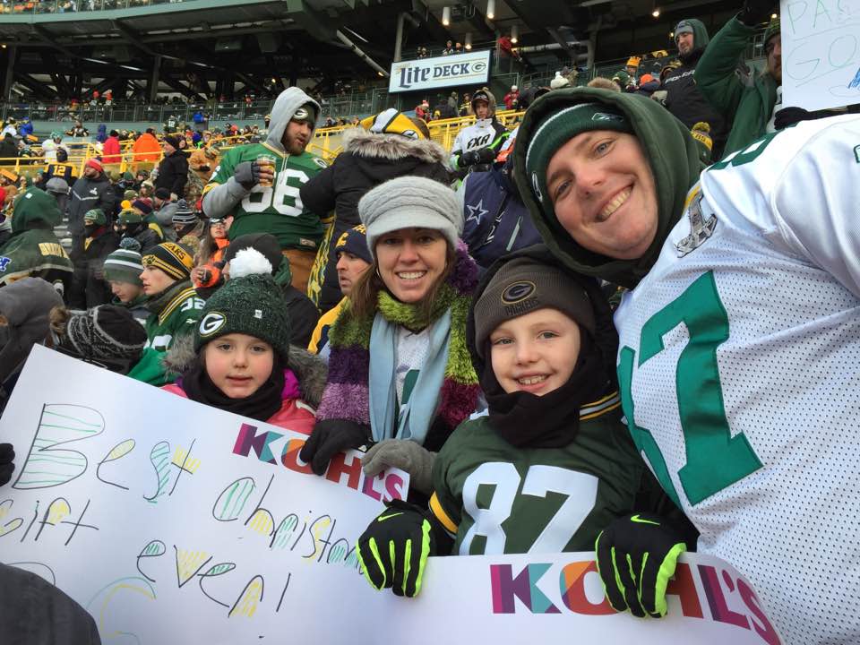 Andy Walsh, Green Bay Packers nominee for NFL Fan of the Year, at the January 2017 playoff game against the New York Giants at Lambeau Field. From left, Lily Walsh, Jami Walsh, Noah Walsh and Andy Walsh.