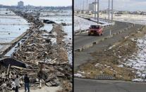 This combination of pictures shows local residents looking at a tsumami hit area of Sendai, Miyagi Prefecture, on March 14, 2011 (L) and the same area on January 12, 2012 (R). March 11, 2012 will mark the first anniversary of the massive tsunami that pummelled Japan, claiming more than 19,000 lives. AFP PHOTO / TORU YAMANAKA