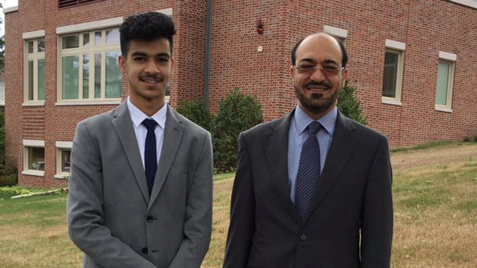 Former Saudi intelligence official Saad al-Jabri (R) poses with his son Omar al-Jabri whilst visiting schools around Boston, MA. in 2016.  (Khalid al-Jabri/Handout via Reuters)