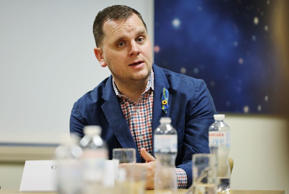 Owen Fuller, of softward firm Marq, asks U.S. Ambassador to Ukraine Bridget A. Brink a question during a meeting with members of the Utah trade delegation at the embassy in Kyiv, Ukraine, on Tuesday, May 2, 2023. | Scott G Winterton, Deseret News
