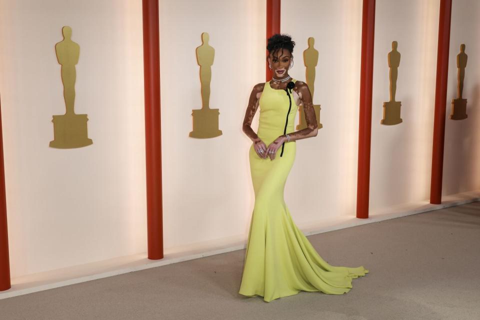 Winnie Harlow in a diaphanous yellow sleeveless gown