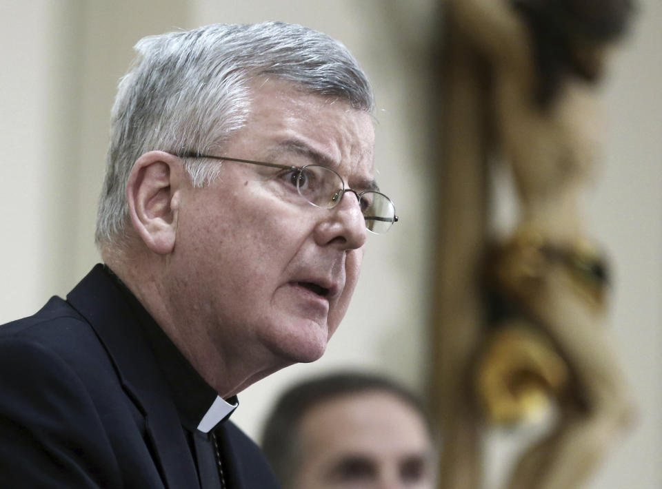 FILE - In this Jan. 16, 2015, file photo, Archbishop John Nienstedt addresses a news conference in St. Paul, Minn. A long Vatican investigation into misconduct allegations against Archbishop Nienstedt, the former leader of the Archdiocese of Saint Paul and Minneapolis, concluded that he took “imprudent” actions but did not violate church law, the archdiocese announced Friday, Jan. 5, 2024. (AP Photo/Jim Mone, File)