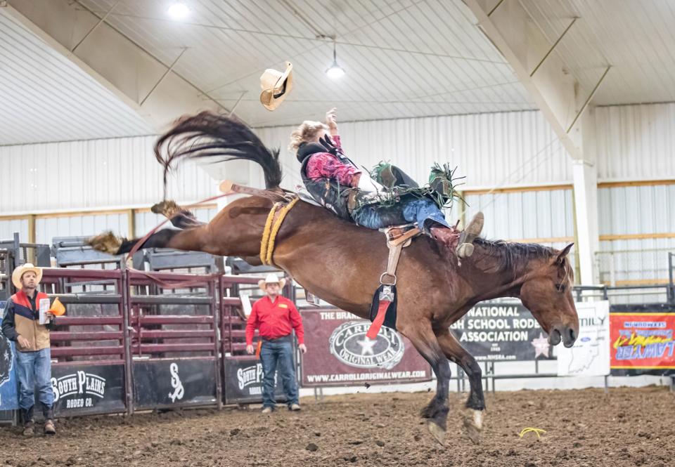 Edgewood's Cash Turner has his hands full during the baseback riding portion of the 2022 Indiana High School Rodeo Association state championships  in June in Nineveh.