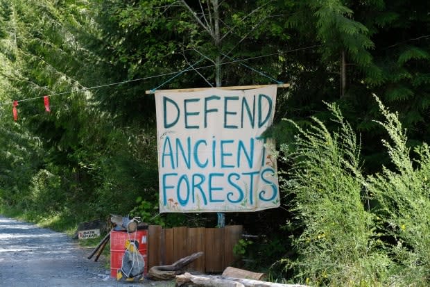 A sign at the entrance to the Eden blockade in the Fairy Creek area near Port Renfrew, B.C., is shown on May, 11.