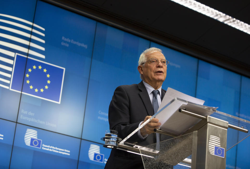 European Union foreign policy chief Josep Borrell speaks during a media conference after a meeting of EU foreign ministers by videoconference at the European Council building in Brussels on Monday, June 15, 2020. The talks, which included a videoconference with U.S. Secretary of State Mike Pompeo, focused on China, developments in the Middle East and trans-Atlantic relations. (AP Photo/Virginia Mayo, Pool)