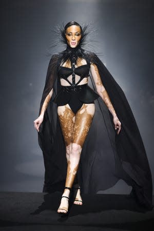 Winnie Harlow walks the runway for the Julien x Gabriela AW23 show during London Fashion Week at Freemasons Hall on February 19, 2023 in London, England.