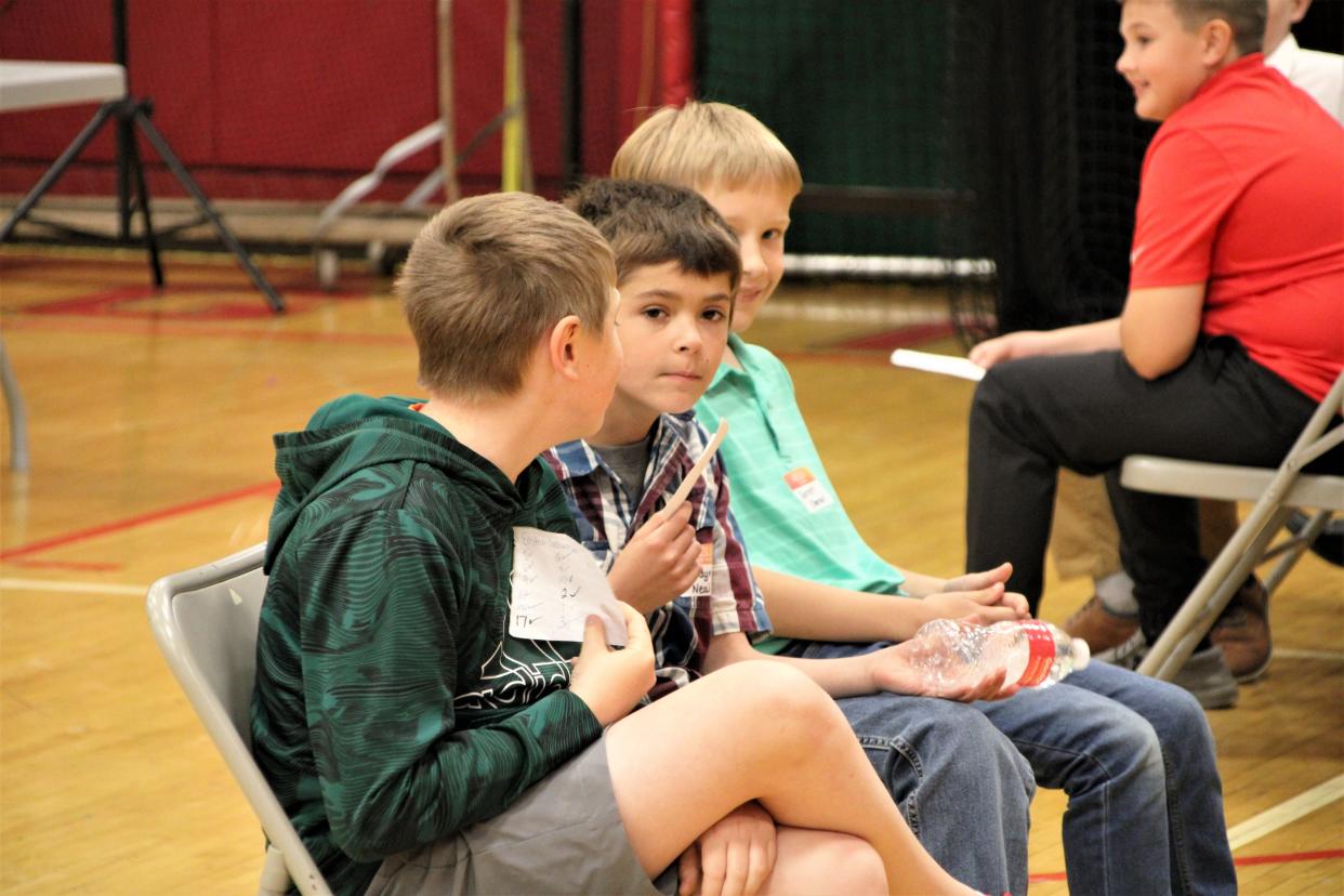 These students wait for their chance to be interviewed during the Amazing Shake, which was held Tuesday, May 16, 2023, at Elgin Local Schools. Elementary school students from Elgin, Pleasant, Ridgedale, and River Valley local school districts participated in the competition that teaches soft skills to young people. The Amazing Shake was created by teachers from the Ron Clark Academy in Atlanta, Georgia.
