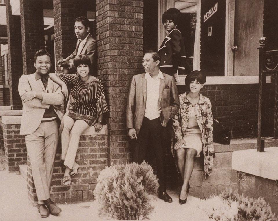 Motown's Holland/Dozier/Holland with Supremes. Lamont Dozier, left, Brian Holland, standing, Eddie Holland, sitting with guitar.