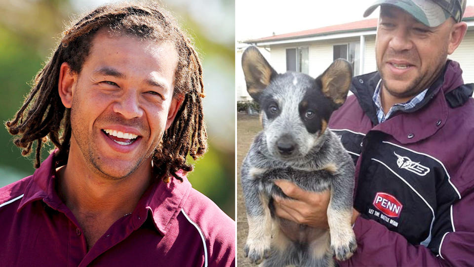 Andrew Symonds is seen on the right with one of his pet blue heeler dogs.