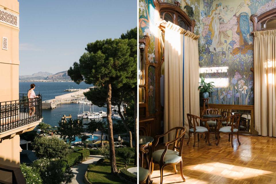 Pair of photos from Villa Igiea note in Sicily, one showing a woman on a balcony, and another showing a light filled reception room interior