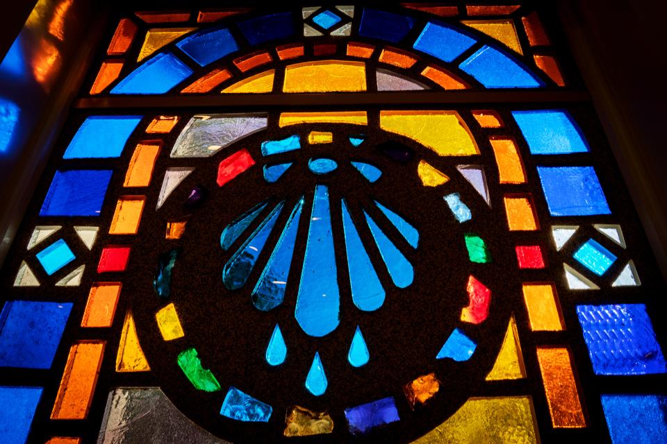 One of the two new "dalle de verre" windows - the circles are made of glass from the 1960 sanctuary at Our Savior Lutheran Church. This window symbolizes baptism.