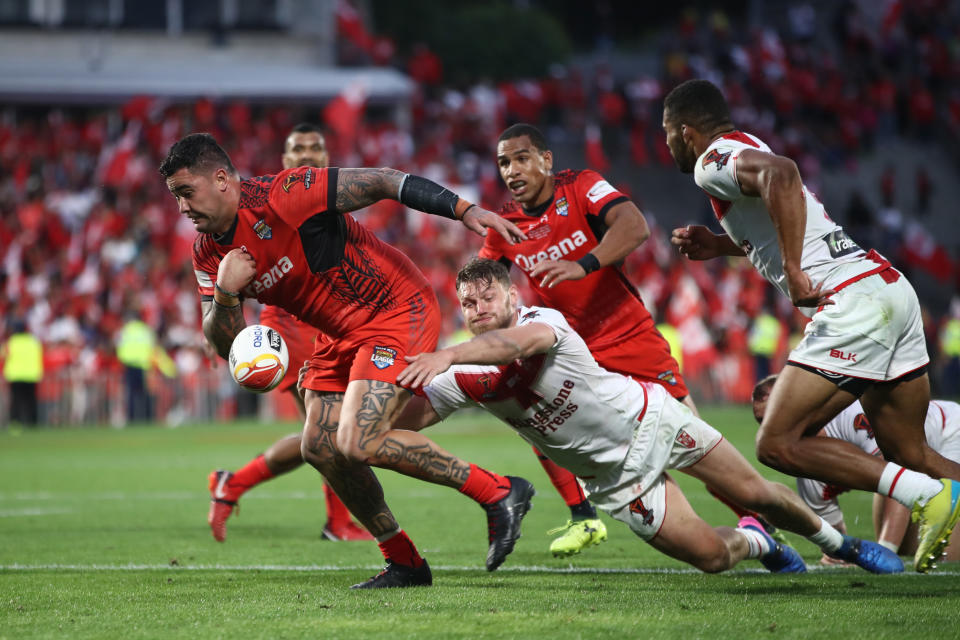 Andrew Fifita loses control of the ball as he is about to score for Tonga in stoppage time