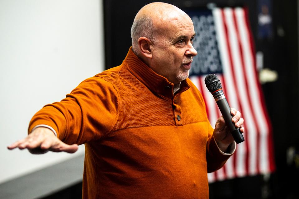 U.S. Rep. Mark Pocan, D-Wis., speaks during a "Get Out The Vote" rally with the University of Iowa Democrats for 1st Congressional District candidate state Rep. Christina Bohannan.